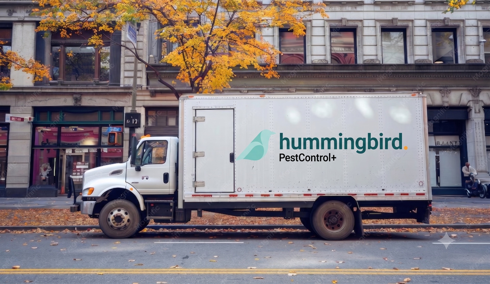 Hummingbird Pest Control truck in a Calgary neighbourhood